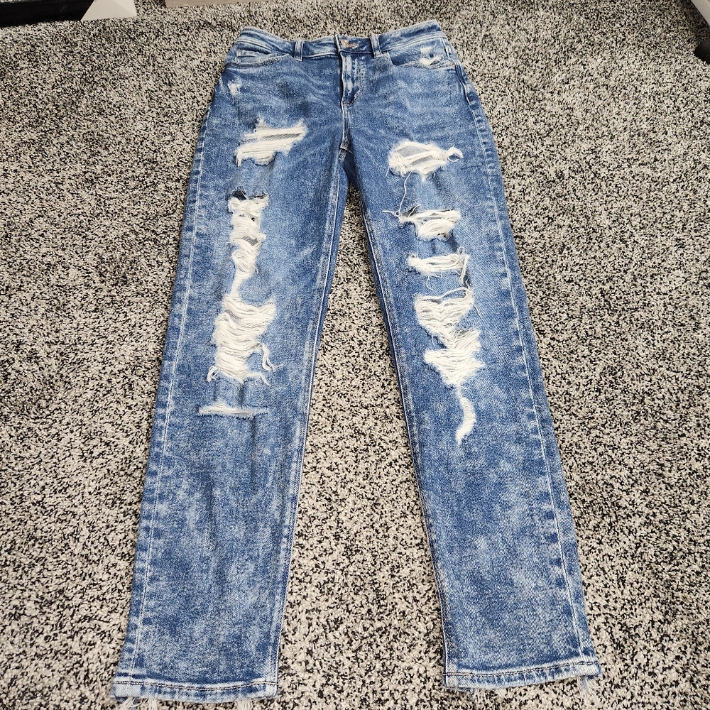 American Eagle Mom Jeans,Acid Wash, Hi Rise,Destruction, Stretch, Women's 2 Reg,